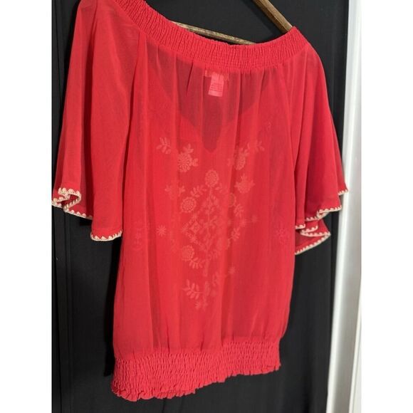 Flying Tomato Shirt Womens S Red Gold Embroidered Tasseled Blouse Boho Folk - Picture 3 of 6